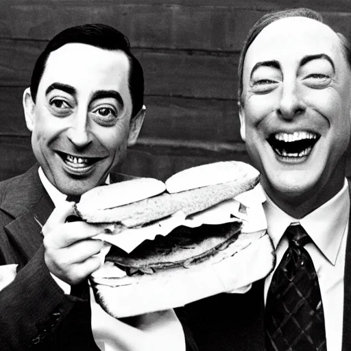 Image similar to Peewee Herman and Donald Trump eating a sandwich, smiling huge