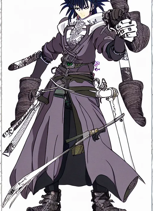 Image similar to cel - shaded anime character, full body design of an evil mountain bandit in the style of studio ghibli, moebius, ayami kojima, atelier lulua, clean linework