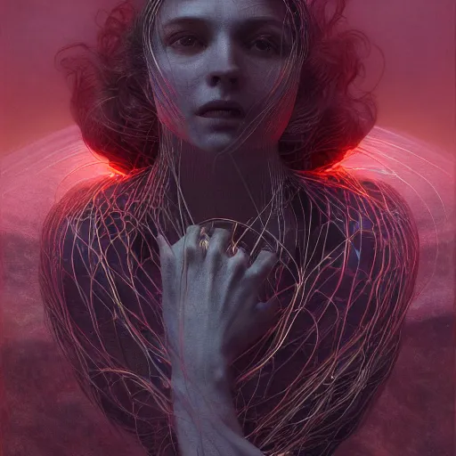 Image similar to Wanda Maximoff, dynamic pose, glowing, wires everywhere, by Edgar Maxence and Ross Tran, Zdzisław Beksiński, and Michael Whelan, distant, gustav dore, H.R. Giger, 8k, octane render