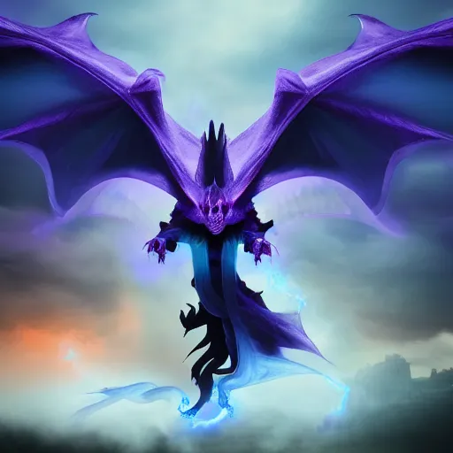 Image similar to mysterious figure with a purple coat and blue crown riding a dragon made of lightning, digital art, 4 k ultra hd, hyper realistic