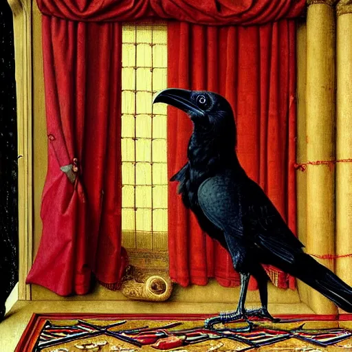 Image similar to a highly detailed painting of a raven, dressed in elegant tudor clothes, inside a room with thick red tapestries, by hans holbein