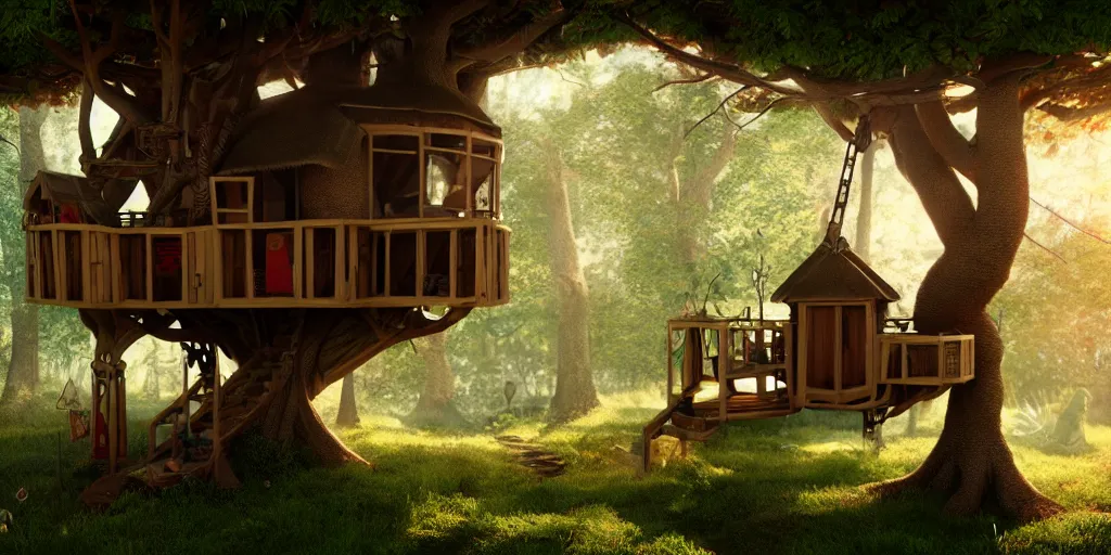 Prompt: in a cardboard treehouse, highly detailed, 8 k, hdr, award - winning, octane render, artstation, volumetric lighting