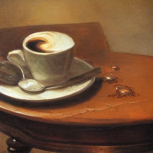 Prompt: spilled coffee on an oak table, ultra realistic romantic period painting in the reflection of the spilled coffee