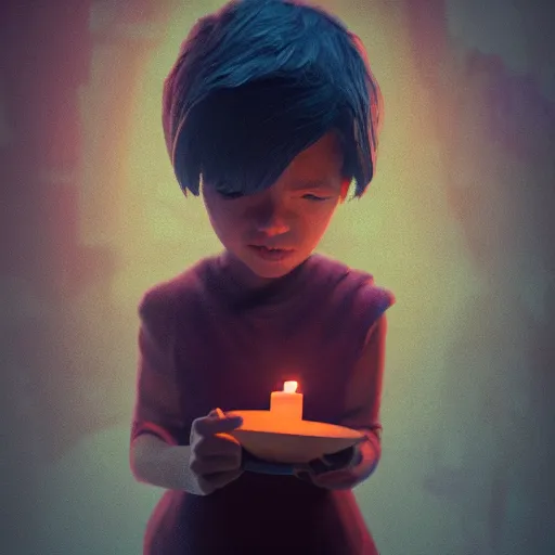 Image similar to a small child holding a candle in a room full of monsters, in the style of little nightmares, intricate digital art, octane, unreal 5, hyperrealist, rain, fog, sharp, studio, 8 5 mm sigma art lens, trending on artstation, breathtaking, groundbreaking, award winning, 8 k