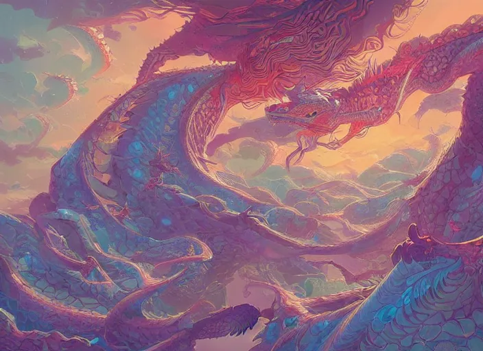 Image similar to psychedelic concept art of a dragon landscape made of thousands of spiraling dragons, cel shaded, in the style of makoto shinkai and moebius and peter mohrbacher and anton fadeev