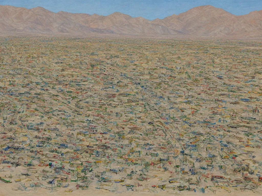 Prompt: landscape, large Trailer park in the desert near the oasis with a reservoir and rednecks, painting by style Julie Mehretu