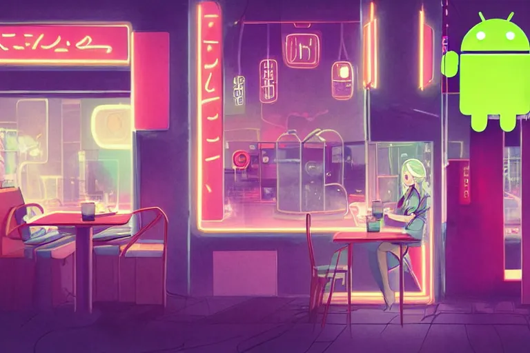 Prompt: An android with multiple arms having a cup of coffee outside a coffee shop in Japan, neon lights, digital painting, trending on artstation, deviantart, 8k, epic composition, intrinsic details, AAA graphics