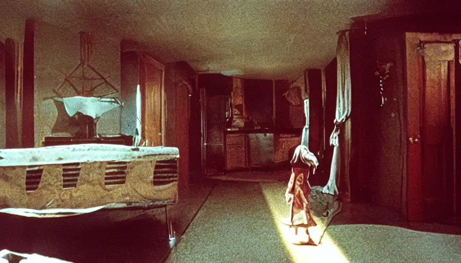 Image similar to 7 0 s film still from a horror movie about scary houses, kodachrome, cinecolor, cinestill, film grain, film texture, retro, cinematic, high resolution, photorealism,