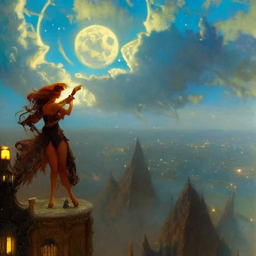 Image similar to witch flying, trough the night, fantasy, full moon in background. highly detailed painting by gaston bussiere, craig mullins, j. c. leyendecker 8 k