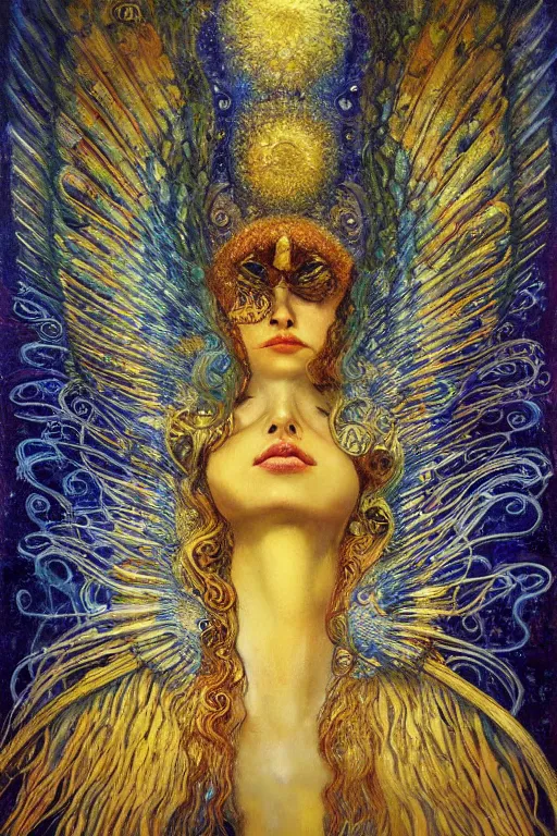 Image similar to Visions of Paradise by Karol Bak, Jean Deville, Gustav Klimt, and Vincent Van Gogh, visionary, otherworldly, fractal structures, infinite angel wings, ornate gilded medieval icon, third eye, spirals, heavenly spiraling clouds with godrays, airy colors, feathery wings