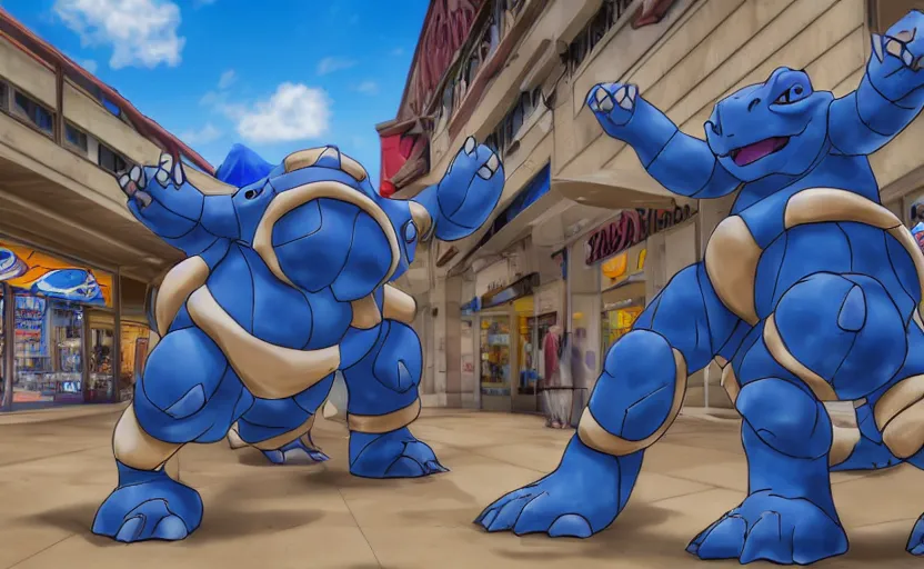 Image similar to blastoise at the shopping mall, pokemon art, perfect shading, detailed, 4 k