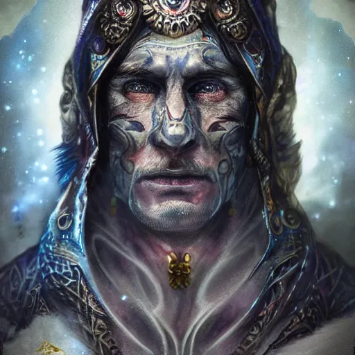 Image similar to an Artstation cinematic 4d render of Very very very very highly detailed beautiful mystic portrait of a phantom warrior with galaxy, tattoos by Anton Pieck, intricate, extremely detailed, sharp focus, intimidating lighting, incredible art,