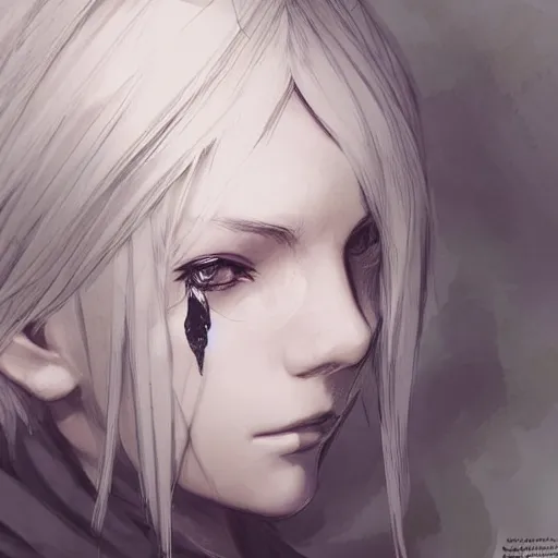 Image similar to sketch drawing of 2 b nier automata, beautiful piercing eyes, beautiful blonde hair, hyper realistic face, in the style of greg rutkowski, fantasy, amazing detail, epic, elegant, smooth, sharp focus, from the front