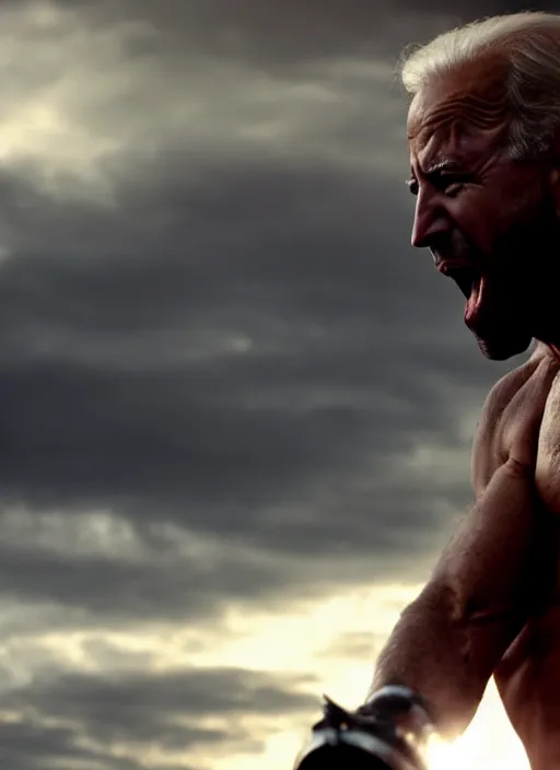 Image similar to cinematic film still of joe biden as leonidas shouting in 3 0 0 movie, 8 k, epic moody sky, dramatic lighting