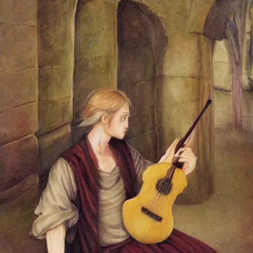 Prompt: elfen fairy, bard, lute, art student, cardigan, blonde, male