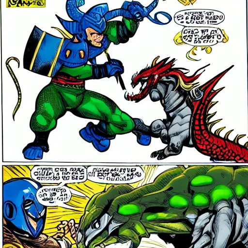 Image similar to comic book dragon fight vs knight in green car with blue armor and a gold sword