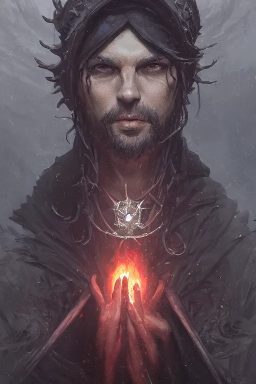 Prompt: A fancy portrait of a occultist by Greg Rutkowski, Dan Mumford, Christophe Vacher, Sung Choi, Mitchell Mohrhauser, Johnson Ting, Bloodborne, 8k photorealistic, volumetric lighting, HD, high details, dramatic, dark atmosphere, trending on artstation