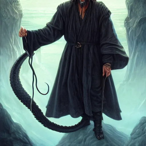 Image similar to a detailed fantasy character painting of Klaus Schwab holding a snake, dressed like Jesus Christ, black glowing eyes, by lauri blank, artgerm, evelyn de morgan, 8K, 50mm lens