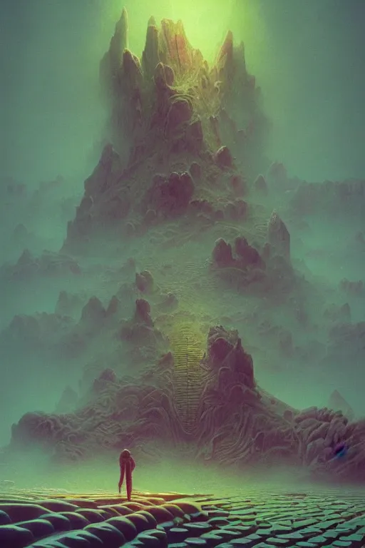 Image similar to 👾🐉🌈🍄::3, dreamlike, psychedelic, otherworldly, weird, cyberpunk, vaporware, interesting details, volumetric lighting, dramatic, fantasy, by Moebius, by zdzisław beksiński, Fantasy LUT, epic composition, 8k,