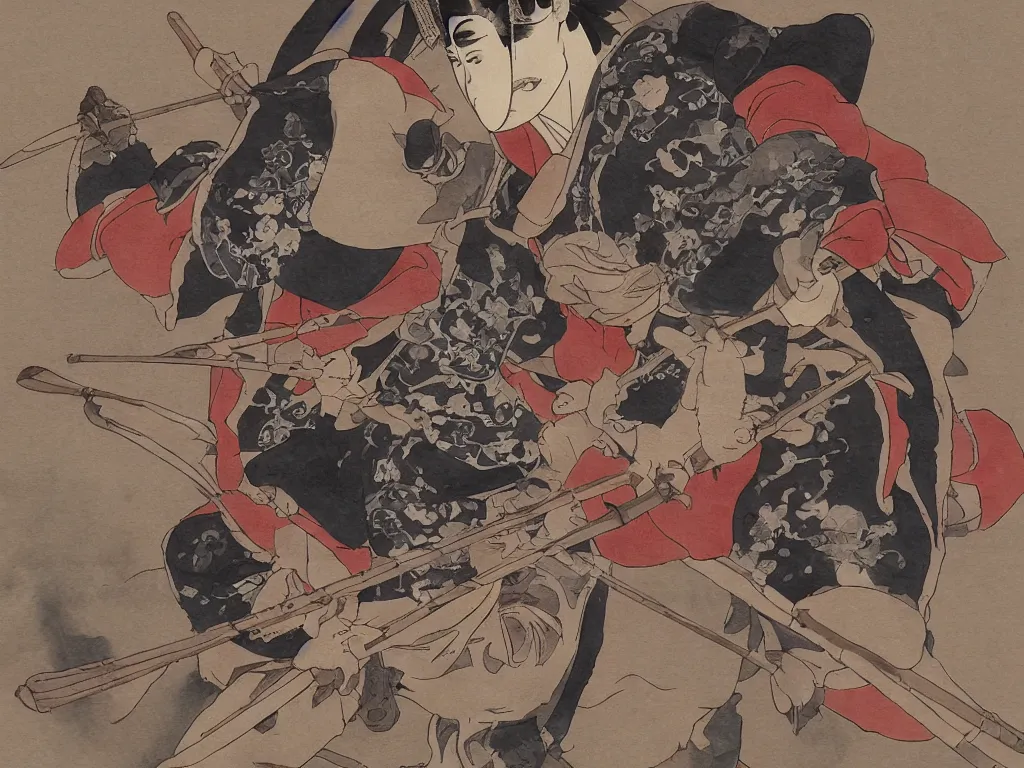 Image similar to edo samurai with full armor wearing hannya mask meditating, detailed illustration, realistic, animation still in the style of studio ghibli