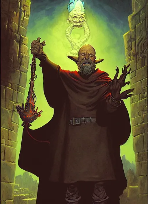 Prompt: highly detailed, hyper realistic wizard with a dungeon background by mike mignola frank frazzeta james gurney