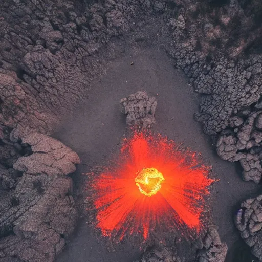 Prompt: ancient demon summoning, magic, volcanic acitvity, shot from drone