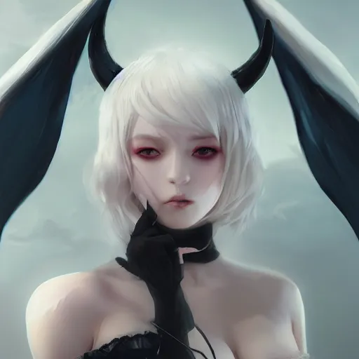 Prompt: a beautiful anime girl wtih demon horns and bat wings,white hair,full body,matte painting,by Greg Rutkowski and Ilya Kuvshinov and Matsumoto Taiyou,super clear details,hyper realistic,trending on artstation,8k