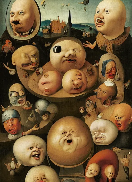 Image similar to a dozen eggs of silly round humpty dumpty with jack black facial expression, realistic, by hieronymus bosch and pieter brueghel