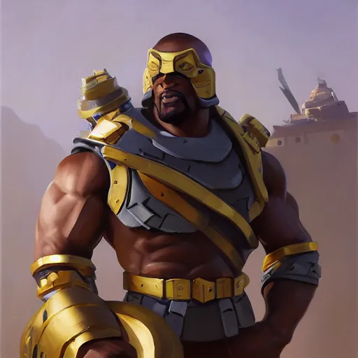 Image similar to greg manchess portrait painting of fully armored the foundation aka dwayne the rock from fortnite as overwatch character, medium shot, asymmetrical, profile picture, organic painting, sunny day, matte painting, bold shapes, hard edges, street art, trending on artstation, by huang guangjian, gil elvgren, ruan jia, greg rutkowski, gaston bussiere