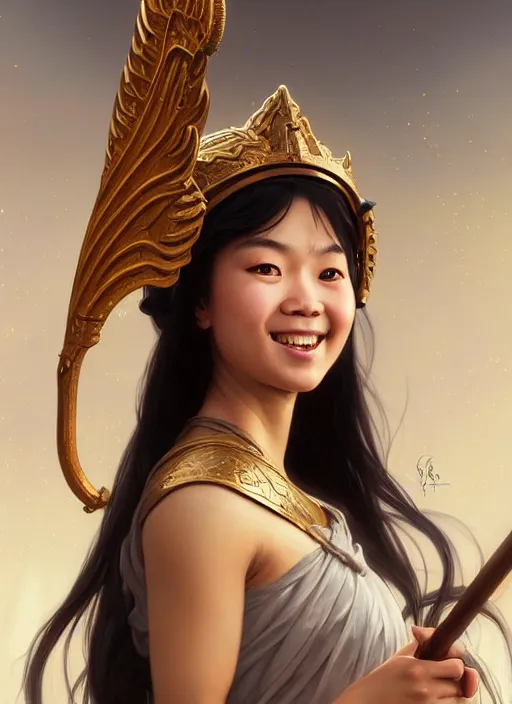 Prompt: Close-up portrait of smiling young asian woman wearing a winged helmet and bare shoulders, holding a magic staff, portrait, highly detailed, digital painting, artstation, concept art, sharp focus, illustration, art by artgerm and greg rutkowski and alphonse mucha