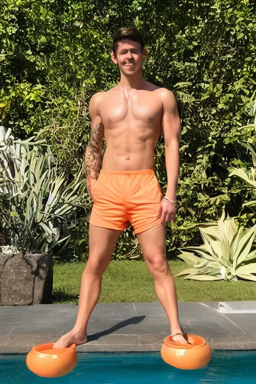 Image similar to a handsome man with blonde hair who is also a male android, ken, muscular, wearing a cut-off white crop top and short light orange shorts stands by a swimming pool, shiny skin, robotic pose