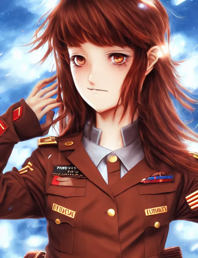 Image similar to a detailed manga portrait of a beautiful brown haired woman in a military uniform glowing with swirling red energy, trending on artstation, digital art, 4 k resolution, detailed, high quality, sharp focus, hq artwork, coherent, insane detail, character portrait