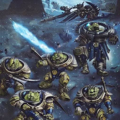 Image similar to Astartes are fighting against space orcs, huge armies, epic battle, a bunch of explosions, bullet tracers, Astartes are very well detailed, orcs are very well detailed, Photo style retro futurism art