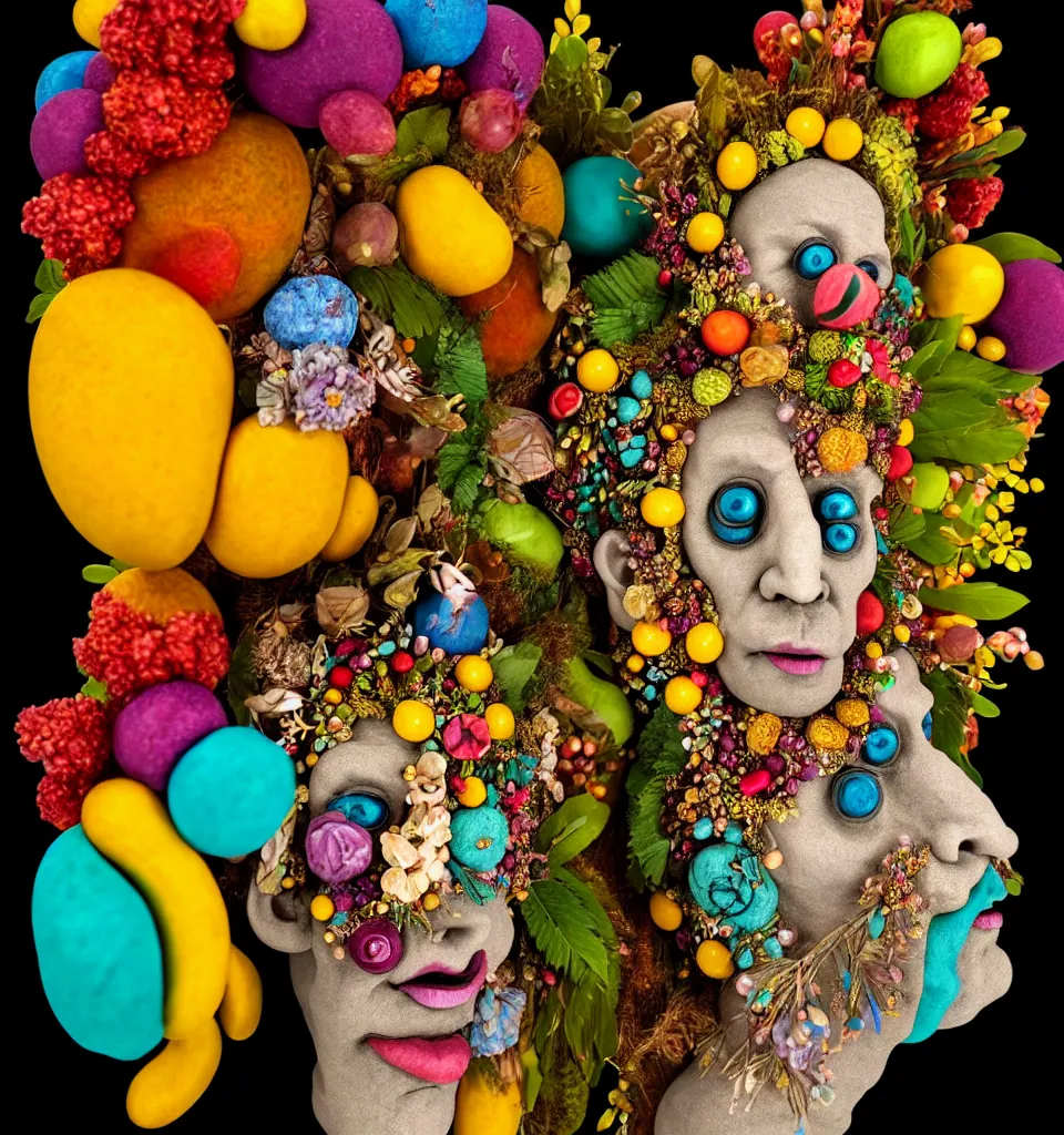 Image similar to headshot of a trickster nature spirit, head made of fruit gems and flowers in the style of arcimboldo, fragonard, photorealistic, dynamic lighting, action figure, clay sculpture, claymation, turquoise and yellow, rainbow stripe background