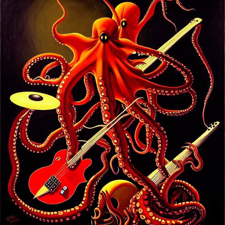 Image similar to a beautiful painting by gerald brom of a couple of octopus playing drums and telecaster guitar in an electronic concert, black background, concert light, dark mood, warm lights