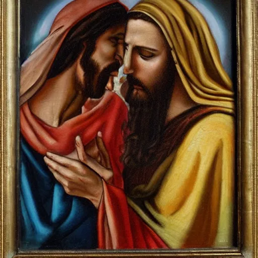 Prompt: 1 8 th oil panting of a jesus kissing a woman