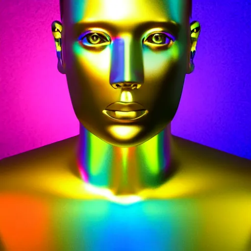 Image similar to 3d render of holographic human robotic head made of glossy iridescent, surrealistic 3d illustration of a human face non-binary, non binary model, 3d model human, cryengine, made of holographic texture, holographic material, holographic rainbow, concept of cyborg and artificial intelligence