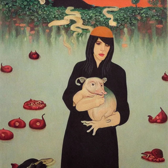 Prompt: tall emo female artist holding a pig's trotter in her flooded kitchen, pomegranates, octopus, water gushing from ceiling, painting of flood waters inside an artist's apartment, a river flooding indoors, ikebana, zen, rapids, waterfall, black swans, canoe, berries, acrylic on canvas, surrealist, by magritte and monet