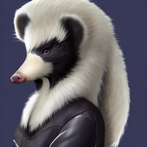 Image similar to a transhuman skunk fursona, highly detailed, by kawacy, trending on artstation, furry art