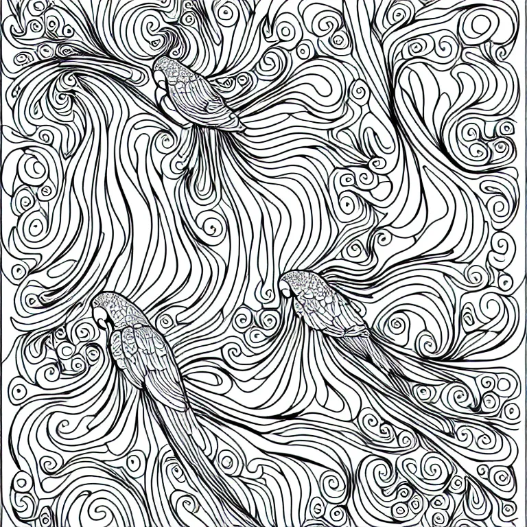 Image similar to two parrots ornaments fractal ink drawing line art colouring page vector