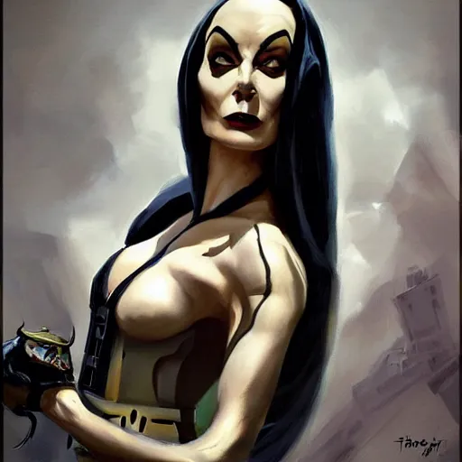 Image similar to greg manchess portrait painting of armored morticia from addams family as overwatch character, medium shot, asymmetrical, profile picture, organic painting, sunny day, matte painting, bold shapes, hard edges, street art, trending on artstation, by huang guangjian and gil elvgren and greg rutkowski