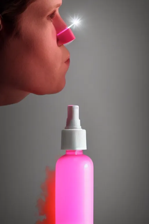 Prompt: nasal spray bottle filled with glowing pink liquid, pink gas erupts out of the thin nozzle