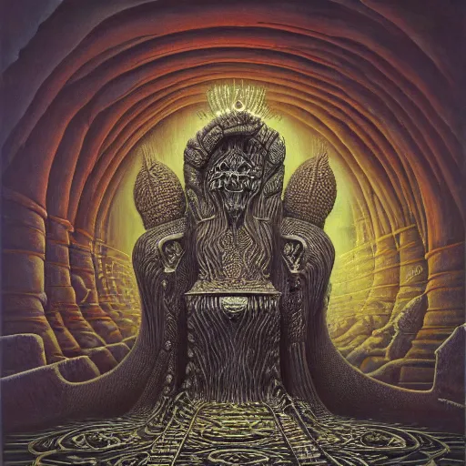 Image similar to HER THRONE by jacek yerka, alex gray, zdzisław beksiński, dariusz zawadzki, jeffrey smith and h.r. giger, oil on canvas, 8k highly professionally detailed, trending on artstation