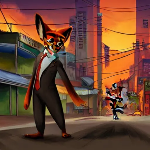 Image similar to concept art of nick wilde as max payne in max payne 3 set in gritty neo - noir zootopia, favela level