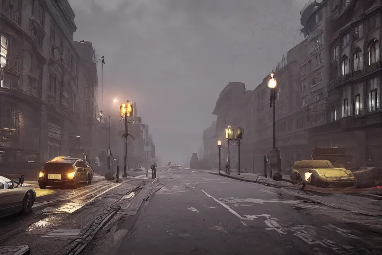 Prompt: the post-apocalyptic streets of London during a heavy thunderstorm, unreal engine 5, hyperdetailed, photorealistic, trending on artstation