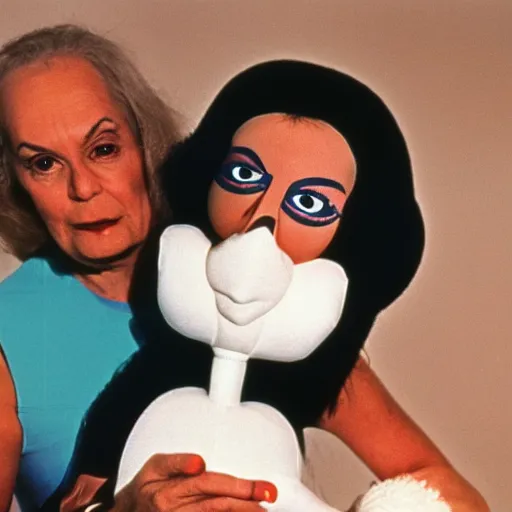 Image similar to 1976 woman wearing an inflatable plastic nose, soft color, wearing a leotard 1976 holding a hand puppet, color film 16mm Almodovar John Waters Russ Meyer Doris Wishman old photo