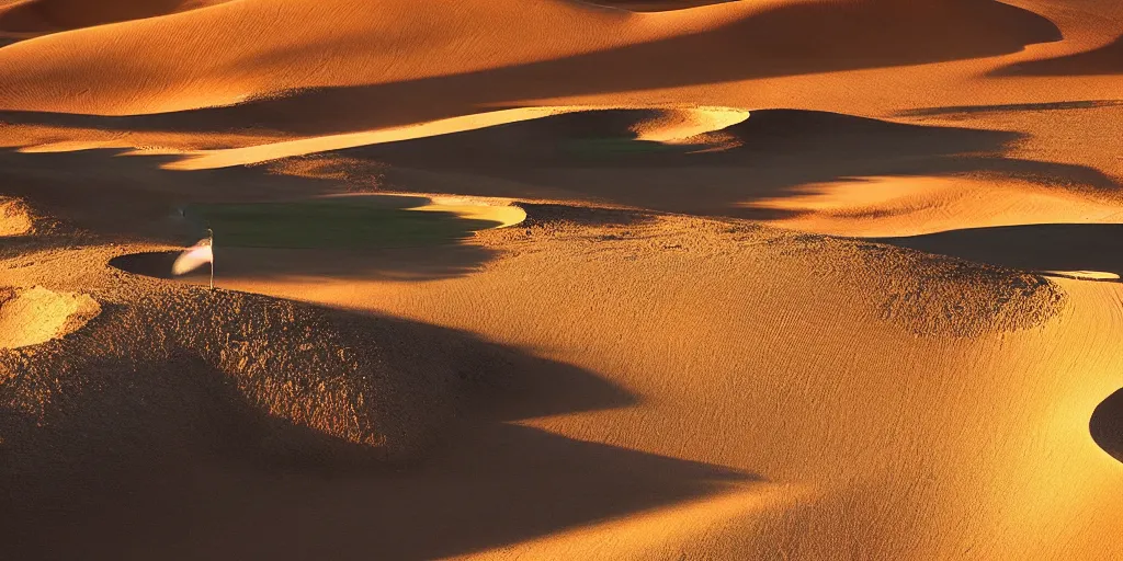 Image similar to a great photograph of the most amazing golf hole in the world, fairway in the sahara desert, ambient light, golf digest, top 1 0 0,