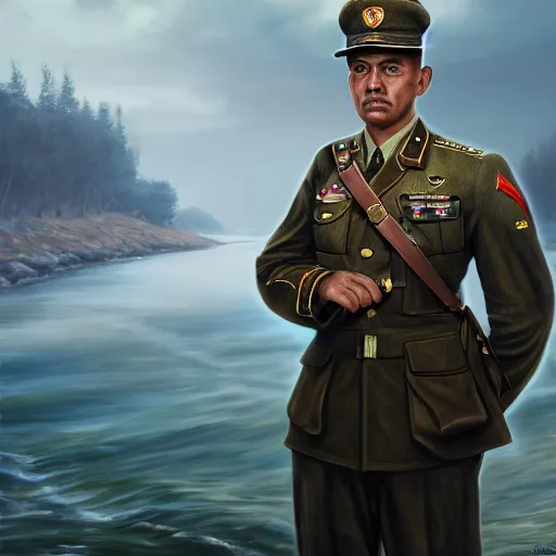 Image similar to A Hearts of Iron IV portrait of a soldier in front of a river. Highly detailed, fine Art, high detail, great lighting, 8k resolution, masterpiece, concept art, illustration, clear eyes, painting oil on canvas, octane render, HDR, trending on artstation, 4k, 8k, HD