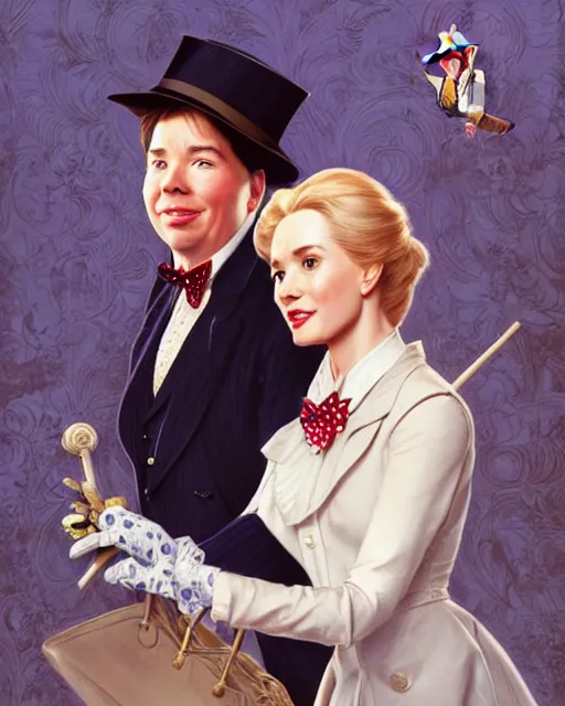 Image similar to Portrait of a  blonde lady and Michael mcintyre as characters in the Mary Poppins,real life skin, intricate, elegant, highly detailed, artstation, concept art, smooth, sharp focus, art by artgerm and greg rutkowski and alphonse mucha