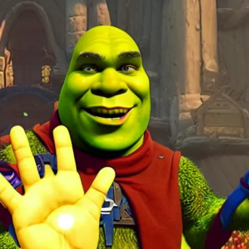 Image similar to shrek deletes twitch chat messages with the infinity gauntlet